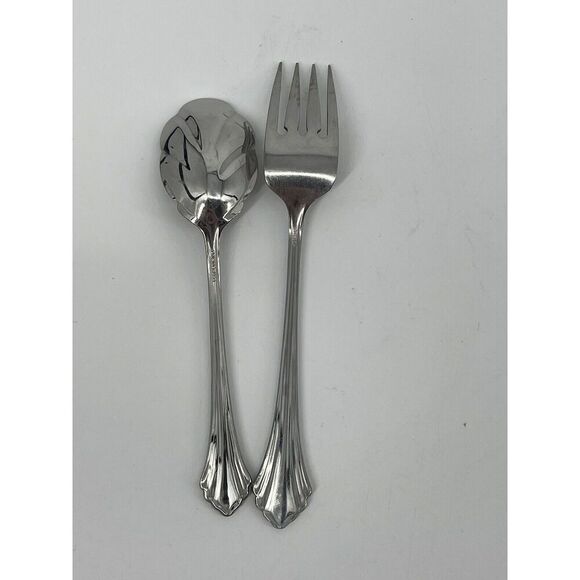 Oneida BANCROFT Stainless Ridged Flared Tip 6 1/8” Sugar Spoon 6 3/4” Salad Fork - Picture 5 of 7